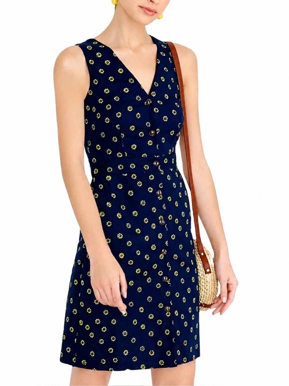 J. Crew Linen Navy Daisy Dress 2 Sheath Button Down Sleeveless Mini Sunflower